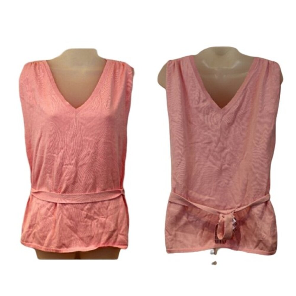 Calvin Klein Pink Vneck Belted Sleeveless Knit Top Med
